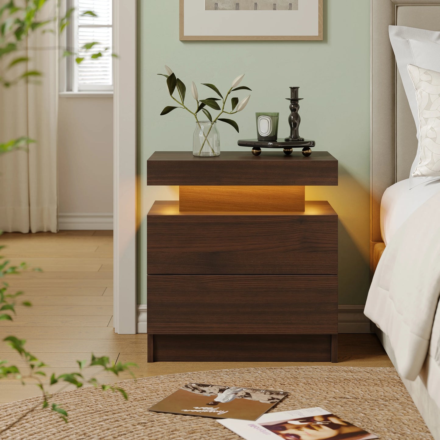 Cubehom LED Nightstands with 2 Drawers, End Table with RGB LED Lights for Bedroom Living Room, White Bedside Table