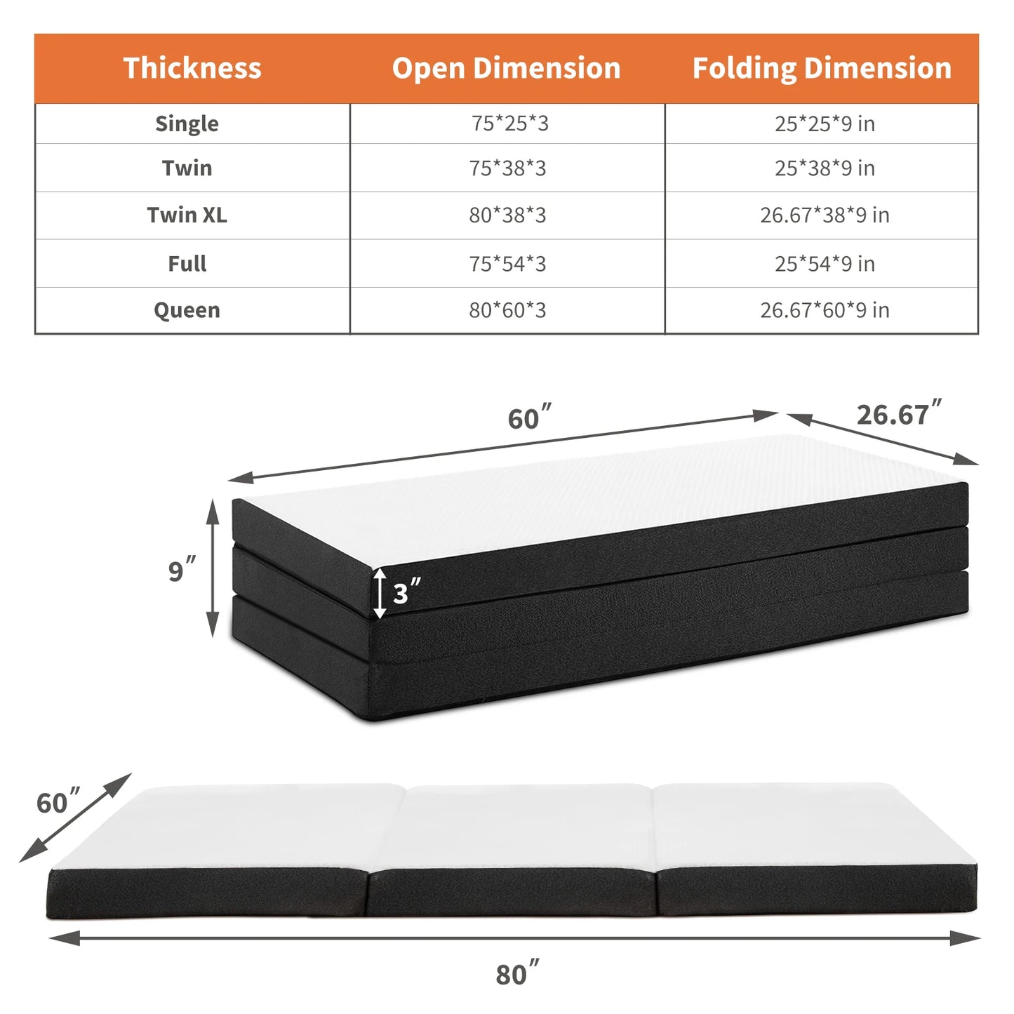 JHK Tri-Fold Memory Foam Mattress with Collapsible and Washable Cover Portable Floor Bed with CertiPUR-US Certified for Travel