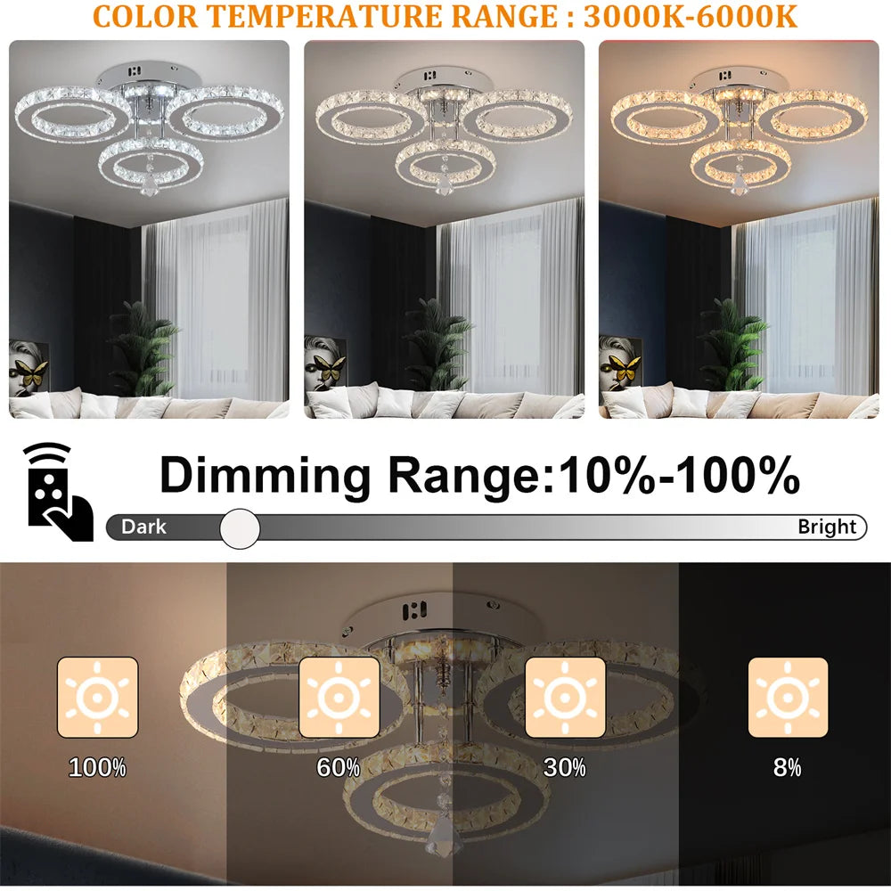 Modern Crystal Chandelier with App Dimmable Ceiling Light Fixture Rings Shape Flush Mount Chandelier for Bedroom Living Room