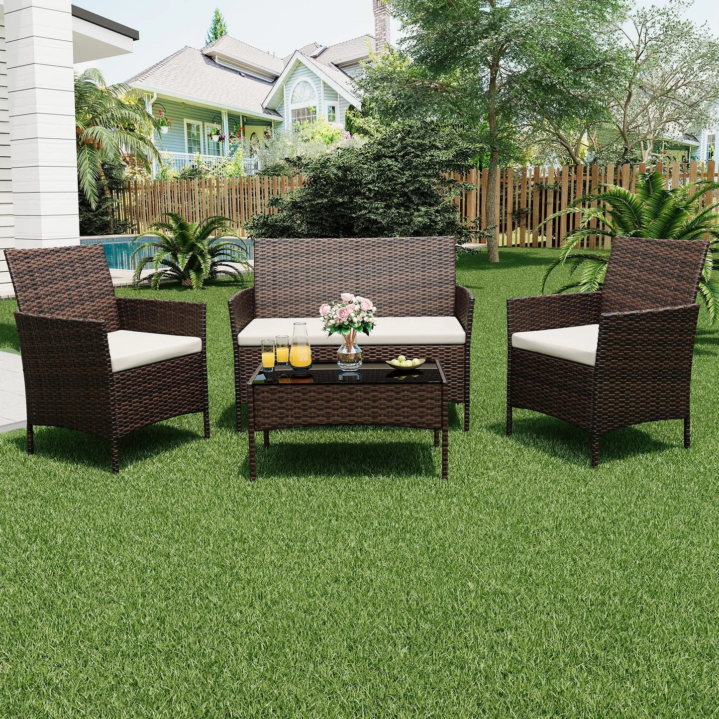 4 Piece Patio Furniture Set, Outdoor Rattan Bistro Set With Cushioned Sofa, 2 Chairs, Glass Table For Porch Backyard