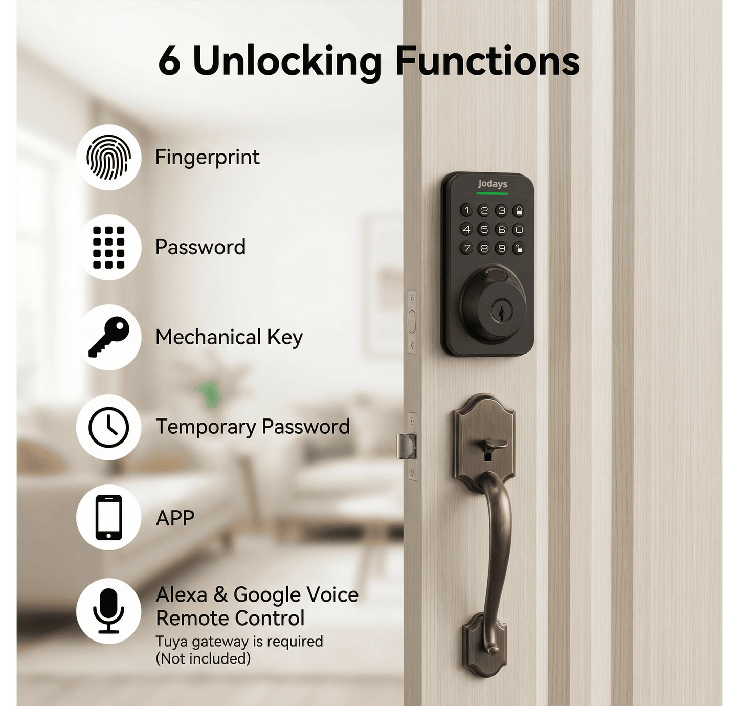 Jodays Smart Deadbolt Lock with Fingerprint & Keypad, Keyless Entry Door Lock with App Control, Temporary and One-Time Password, Auto Lock & Anti-Peep Passcode, Powered by 4pcs AA Alkaline Batteries (No Included), Easy Instal