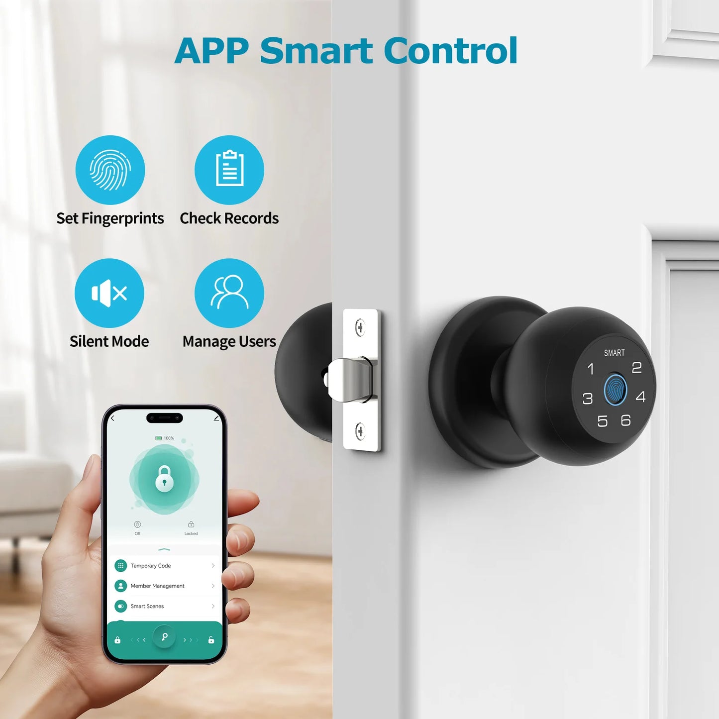 Viladepot Smart Lock Fingerprint, Passcode, App Control, Type-C Emergency Power, Indoor Door Lock