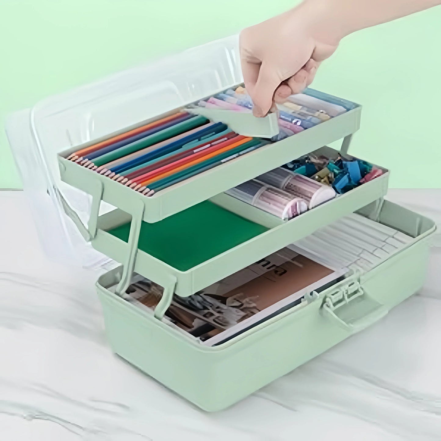 3-Layer Plastic Dividing Storage Box Craft Organizer and Storage with Adjustable Spacers Portable Handled Art Supply Organizer
