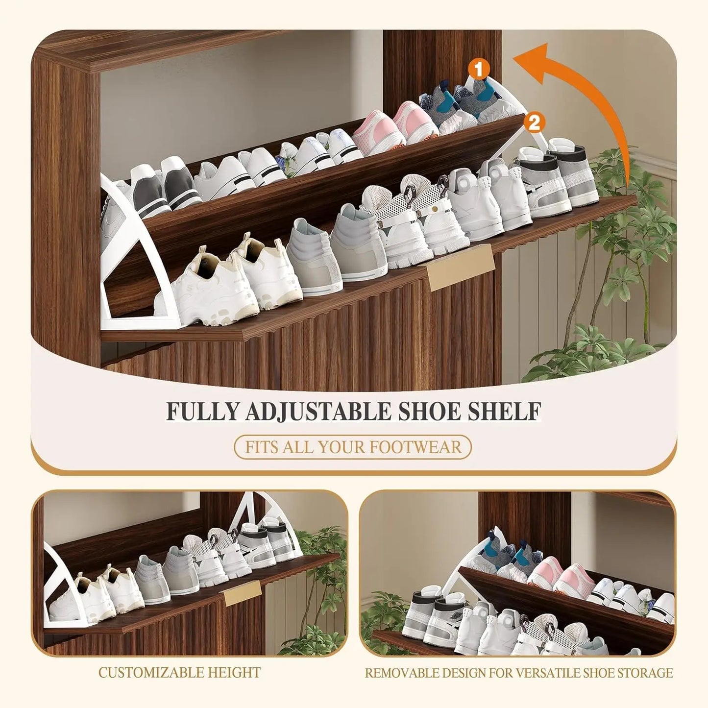 Shoe Storage Cabinet with 2 Flip Drawers,Slim Fluted Shoe Rack Cabinet with Open Storage,Wooden Hidden Shoe Rack Freestanding Narrow Shoes Organizer for Hallway, Entrance,Foyer