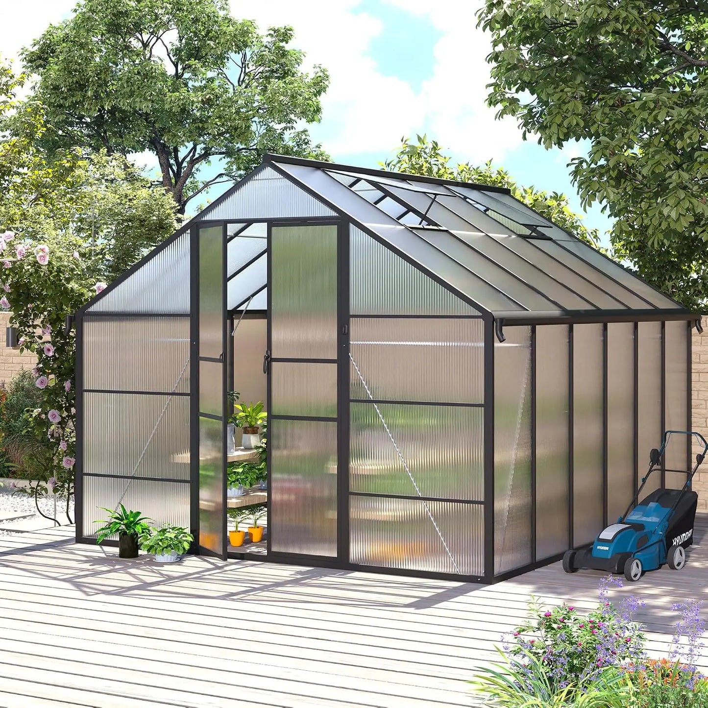 10x12 FT Greenhouse for Outdoors, Polycarbonate Greenhouse with Roof Vent, Enhanced Aluminum Large Walk-in Green House, Custom