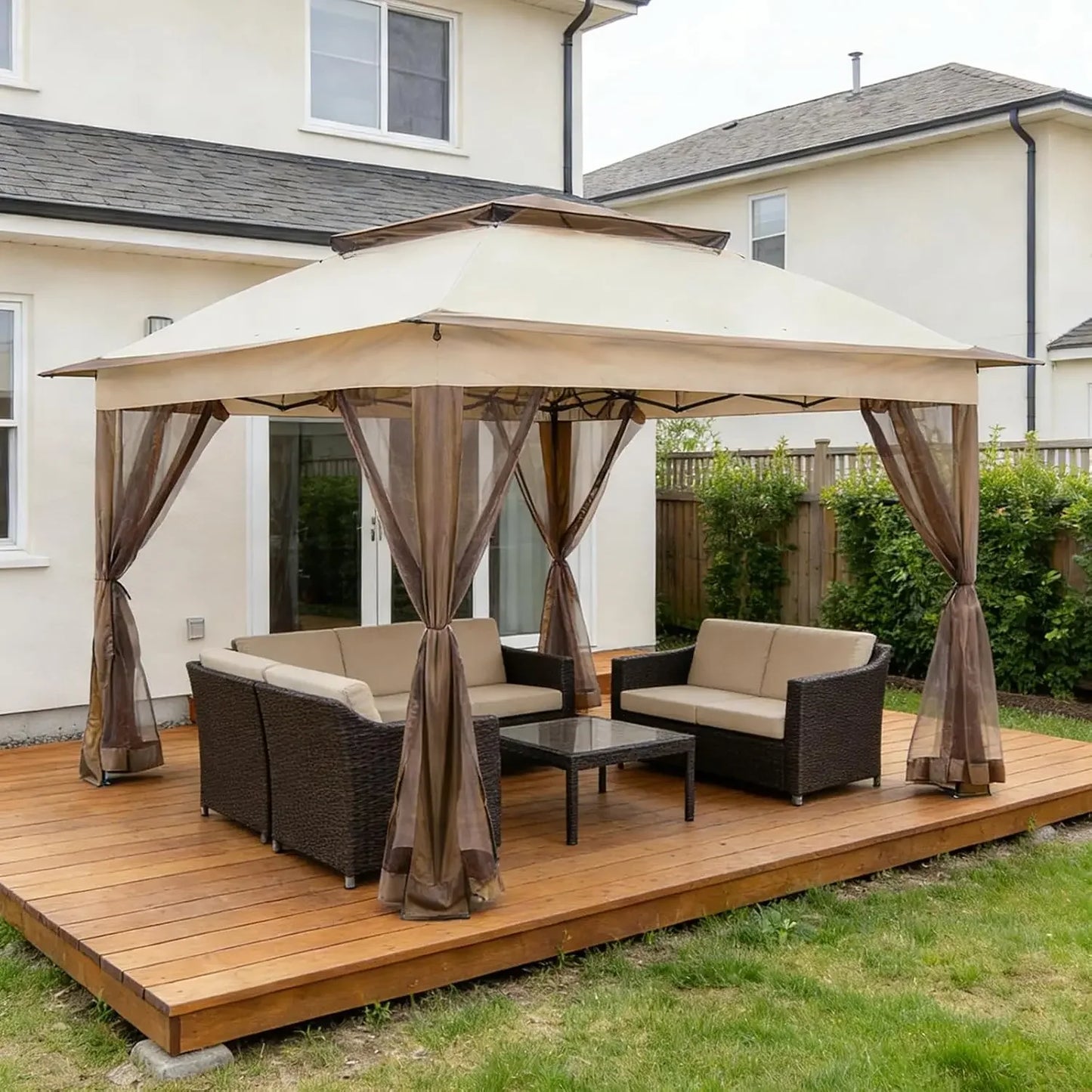 11x11 Pop Up Gazebo with Netting, Outdoor Gazebo, Beige | Easy Up Outdoor Canopy Tent for Backyard, Patio Furniture & Deck