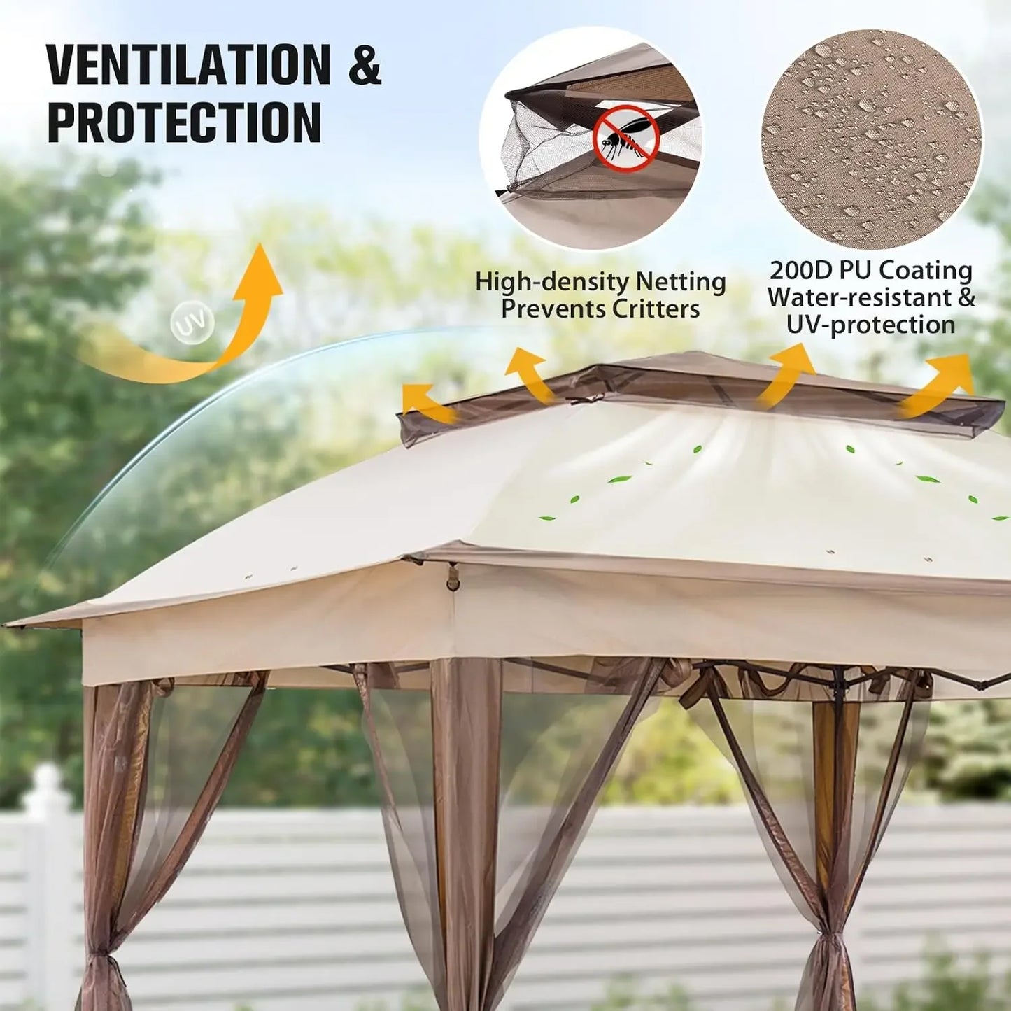 11x11 Pop Up Gazebo with Netting, Outdoor Gazebo, Beige | Easy Up Outdoor Canopy Tent for Backyard, Patio Furniture & Deck