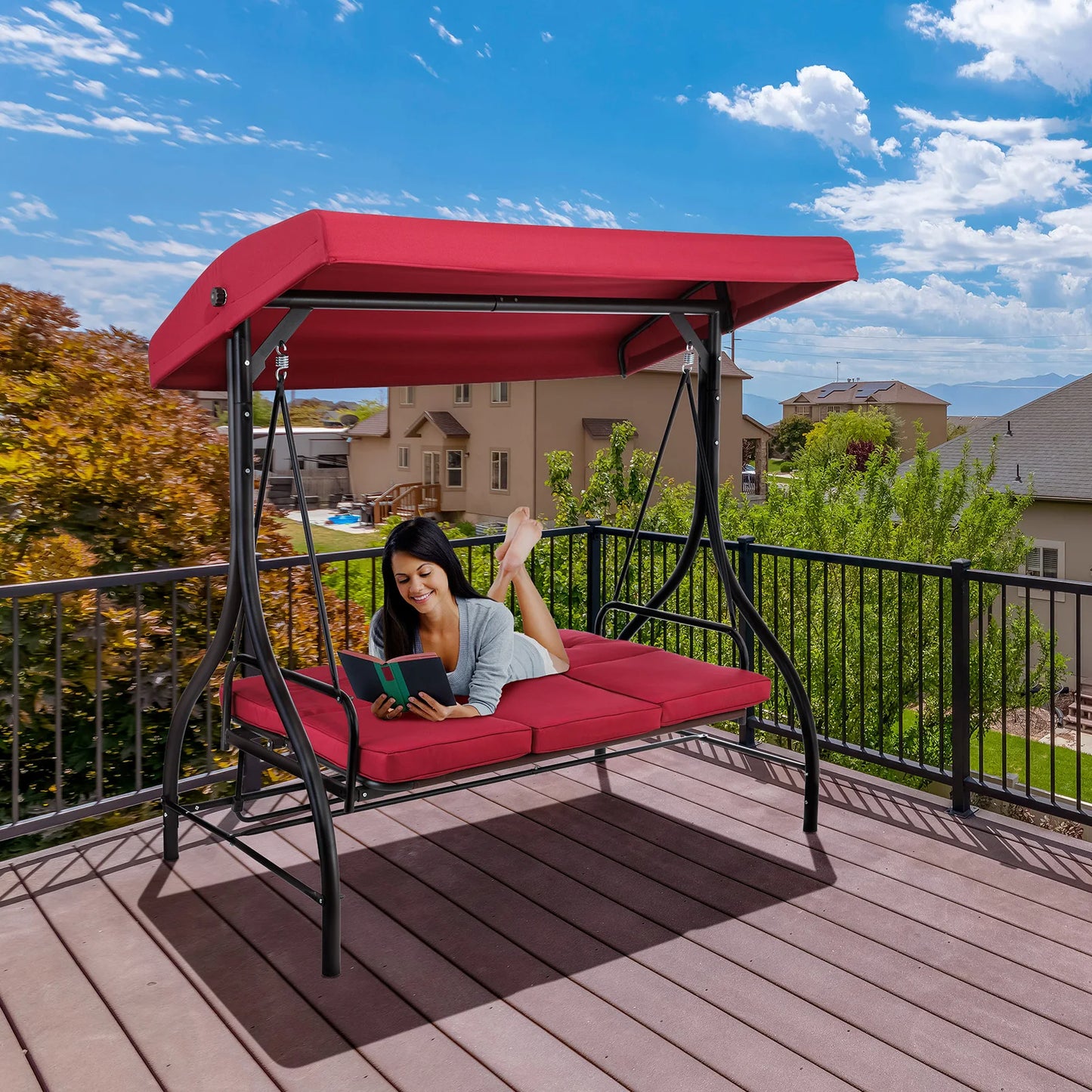 AOOU 3-Seat Patio Chair Deluxe Porch Swing with Adjustable Canopy Removable Cushion