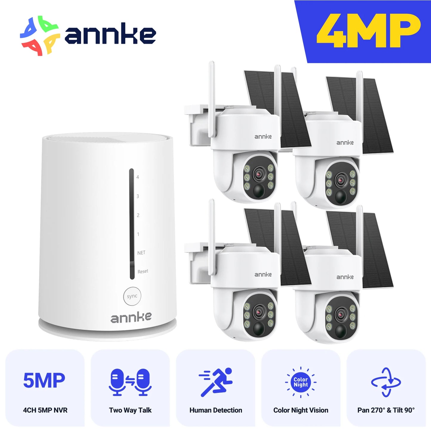 ANNKE 4MP Battery WiFi Security Camera PT Auto Tracking Color Night Vision Wireless IP Camera 4CH Security System
