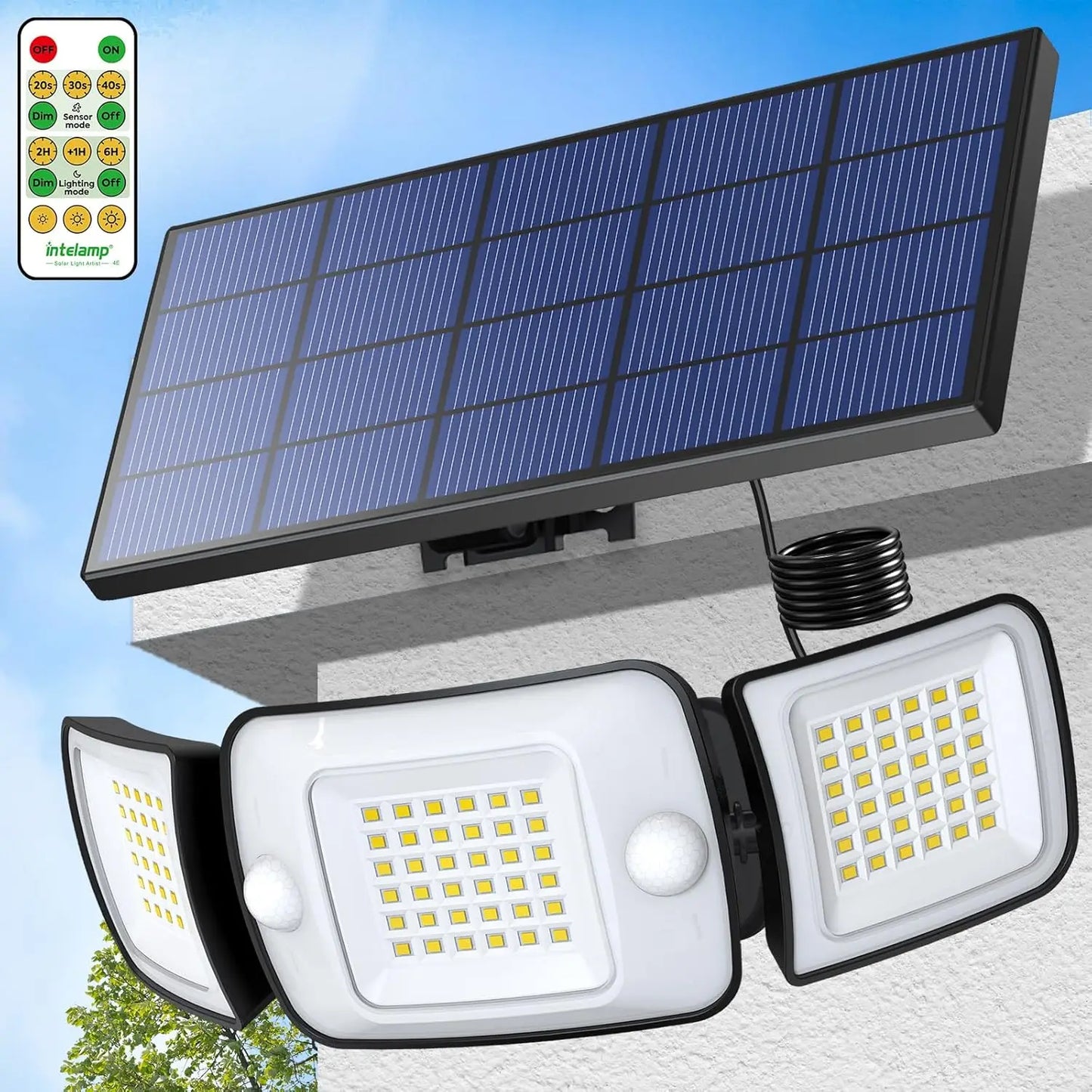 Intelamp Long-Lasting 6000mAh Outdoor Solar LED Light With Large Solar Panel Two Sensors 2.7M Cable Wall Lamp Garden Street