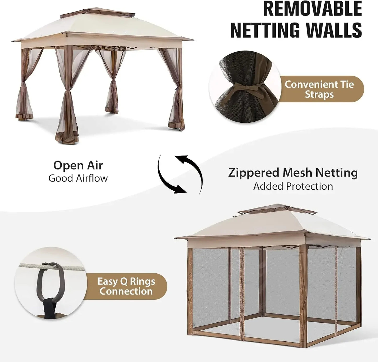 11x11 Pop Up Gazebo with Netting, Outdoor Gazebo, Beige | Easy Up Outdoor Canopy Tent for Backyard, Patio Furniture & Deck