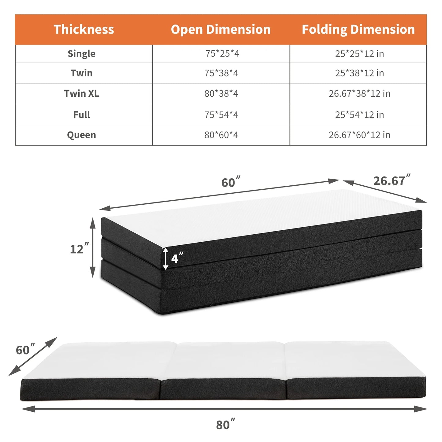 JHK Tri-Fold Memory Foam Mattress with Collapsible and Washable Cover Portable Floor Bed with CertiPUR-US Certified for Travel