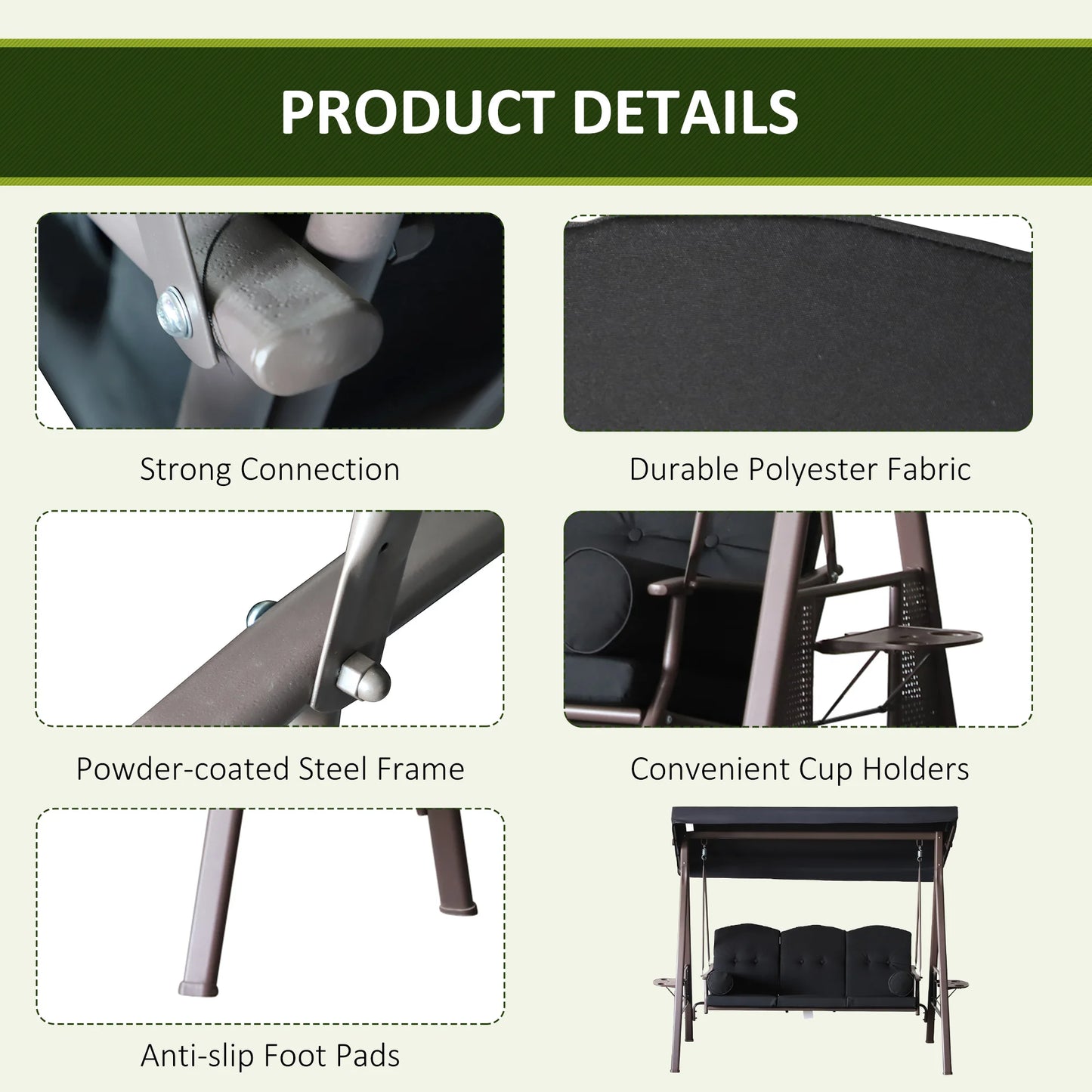 3-Person Outdoor Canopy Patio Cushioned Bench Patio Glider Swing Seat Steel