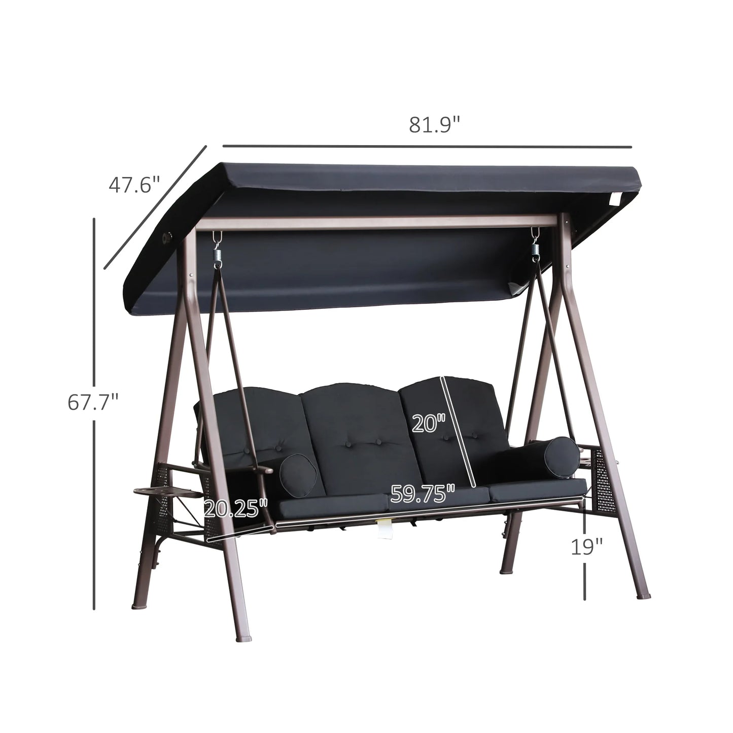 3-Person Outdoor Canopy Patio Cushioned Bench Patio Glider Swing Seat Steel