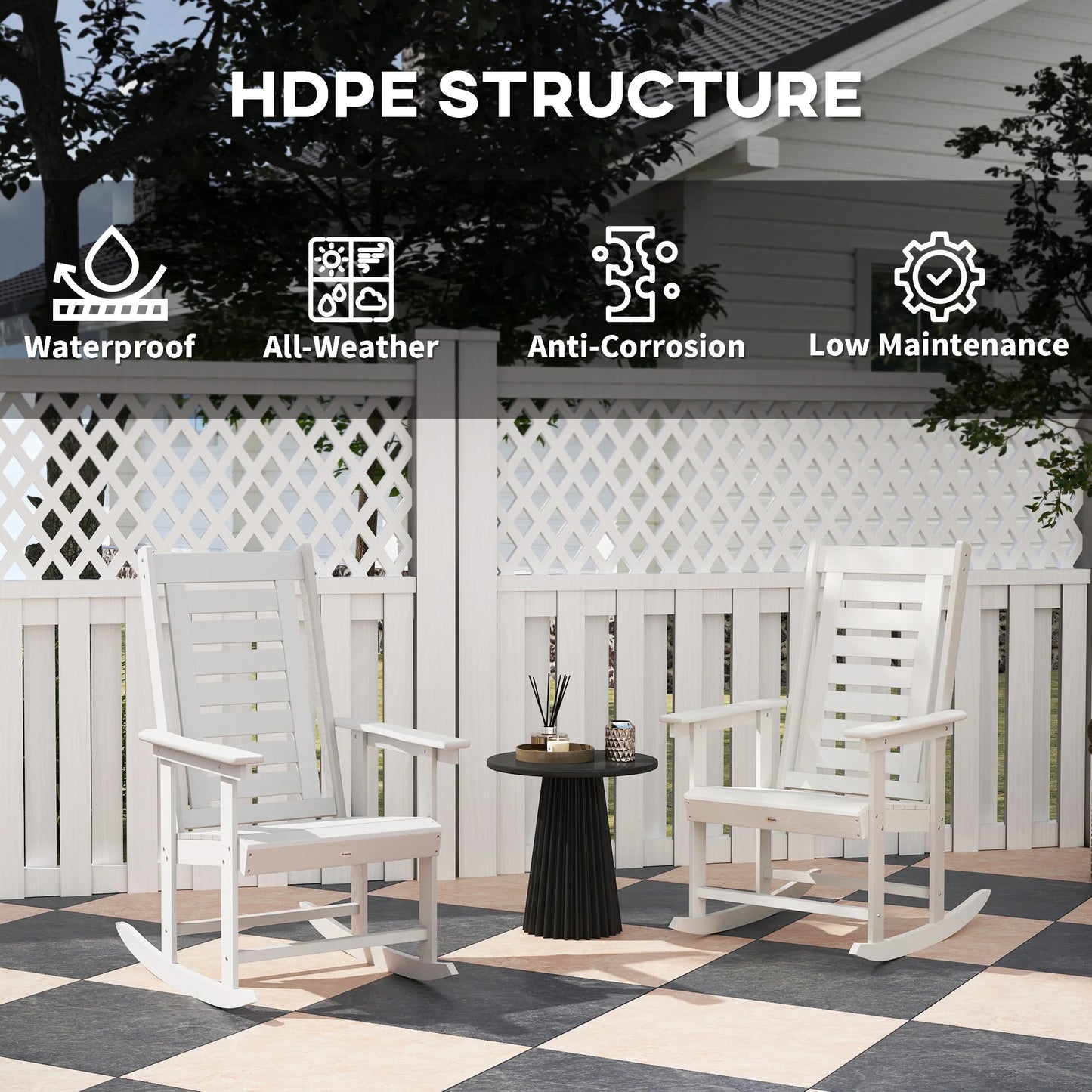 2 Outdoor Rocking Chairs, HDPE High Back Patio Rockers, White