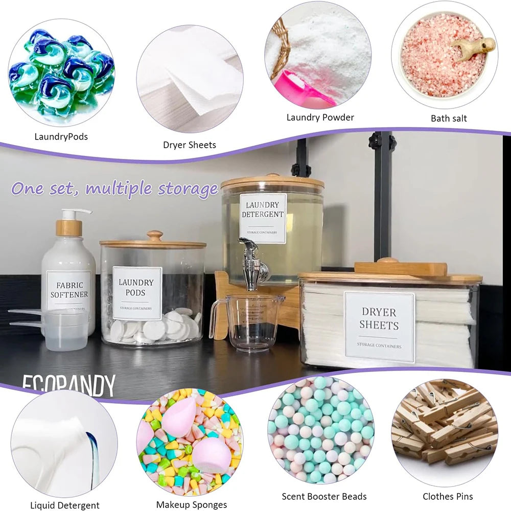 Laundry Pods Storage Container with Labels, Clear Acrylic Laundry Detergent Dispenser, Bathroom Laundry Powder Storage Box