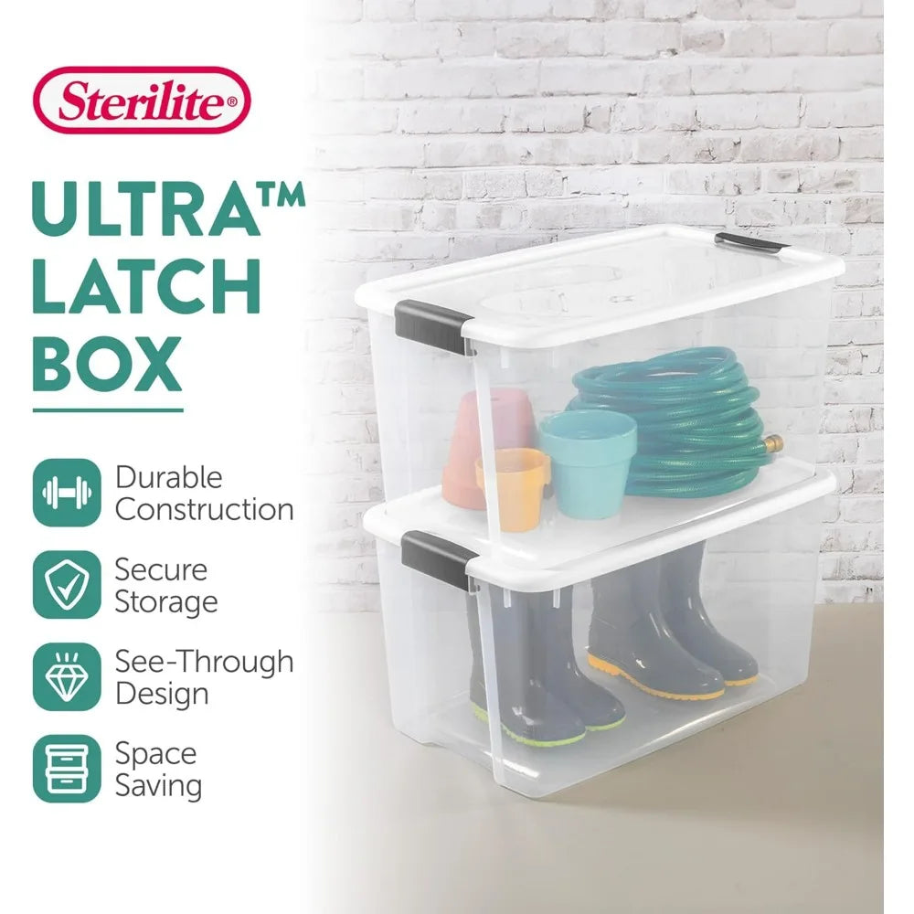 Sterilite 4 Pack Ultra Latching Box 70 Quart Clear Plastic Heavy - Duty Storage Bins with Lids for Closet Bathroom Office