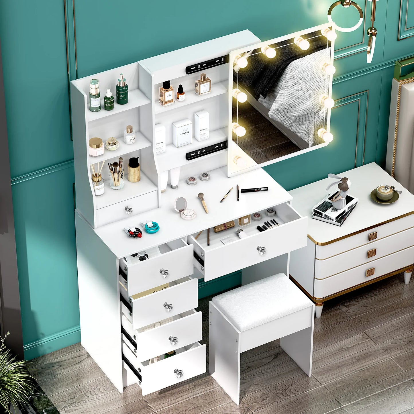 Teousev White LED Makeup Vanity Set with Sliding Mirror, 3-Color Dimmable Lights, 6 Drawers & Stool, Modern Dressing Table