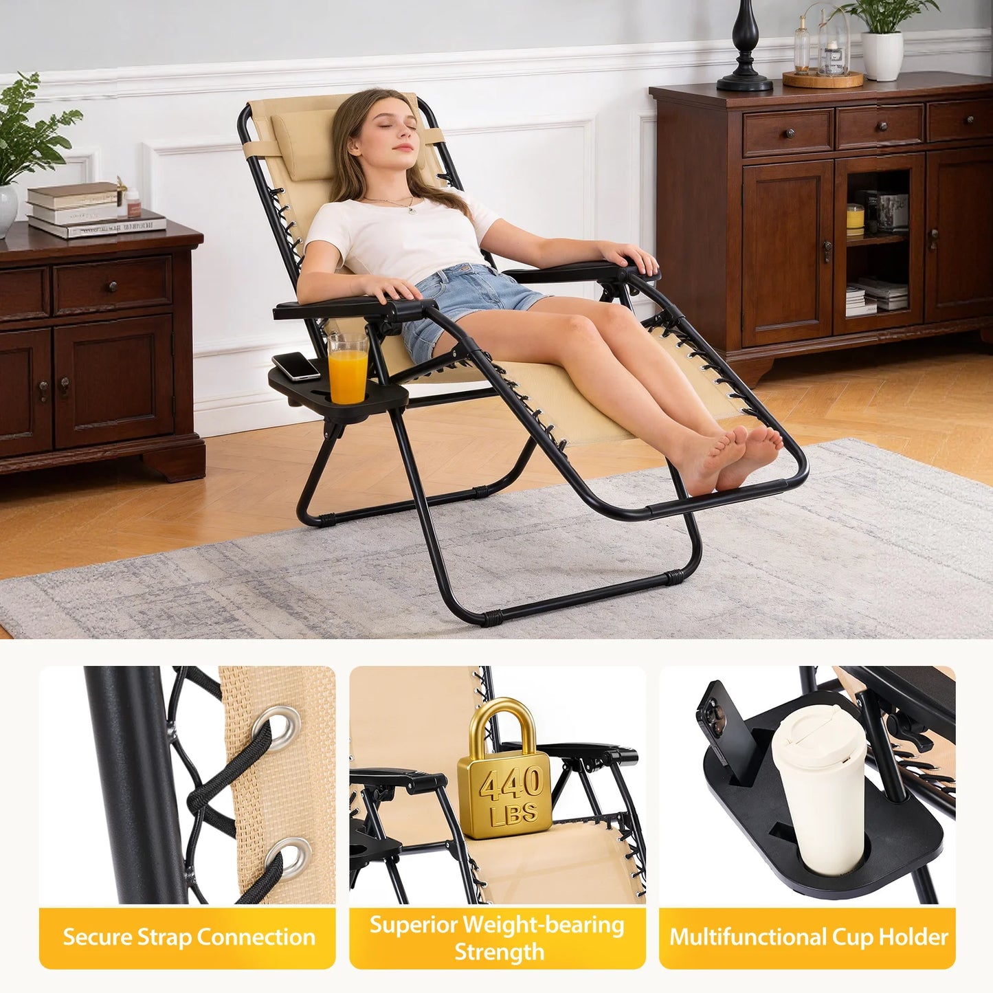 JHK Portable Zero Gravity Recliner Chairs Set of 2 Outdoor Garden Folding Lounge Chair with Cup Holder Trays Adjustable Pillow