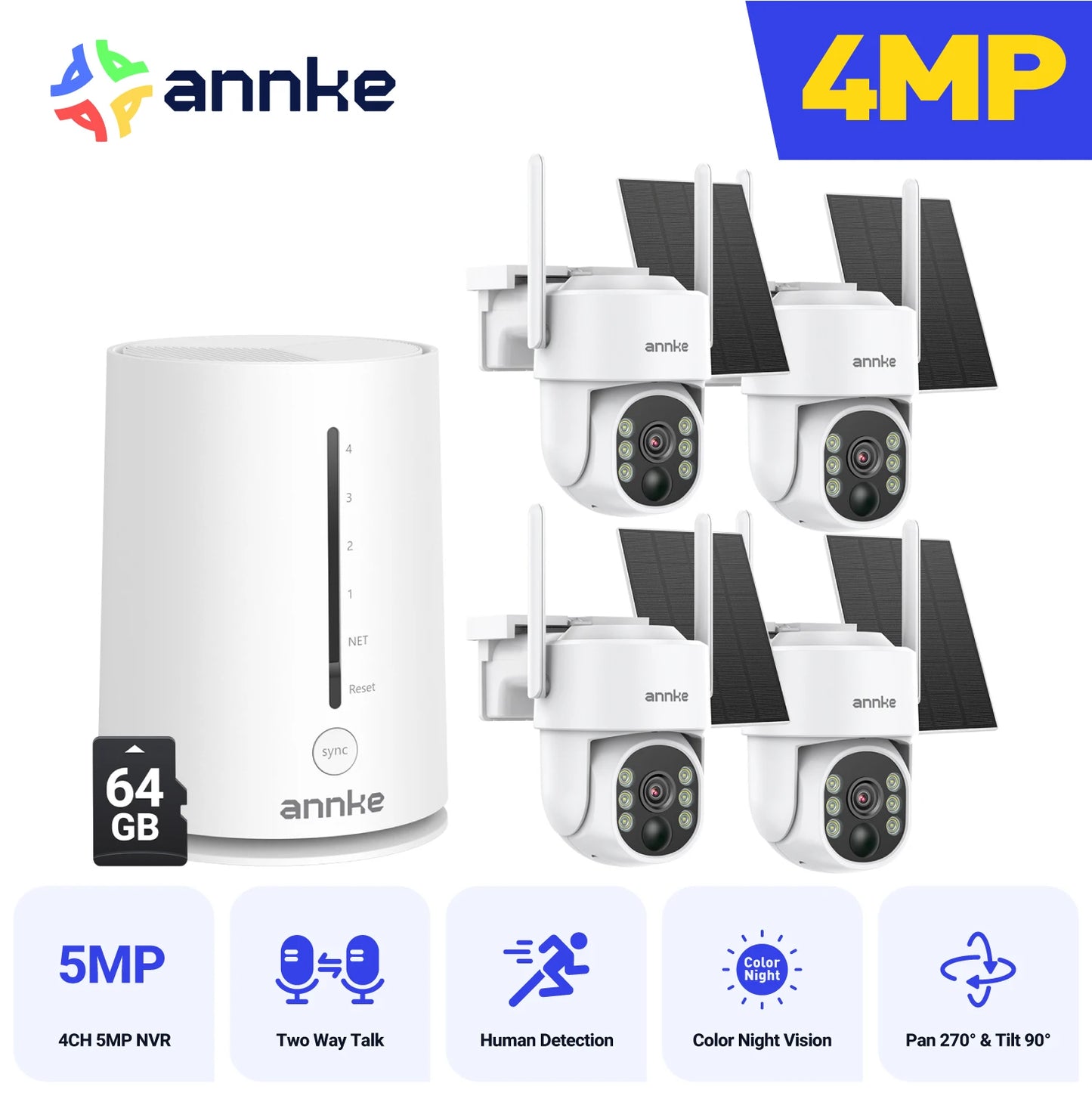 ANNKE 4MP Battery WiFi Security Camera PT Auto Tracking Color Night Vision Wireless IP Camera 4CH Security System