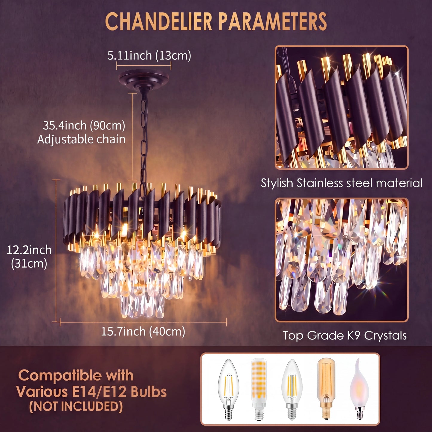 Modern Black and Gold Crystal Chandelier, Adjustable Chain Hanging Ceiling Light Fixture - Dining Room/Living Room/Bedroom/Foyer