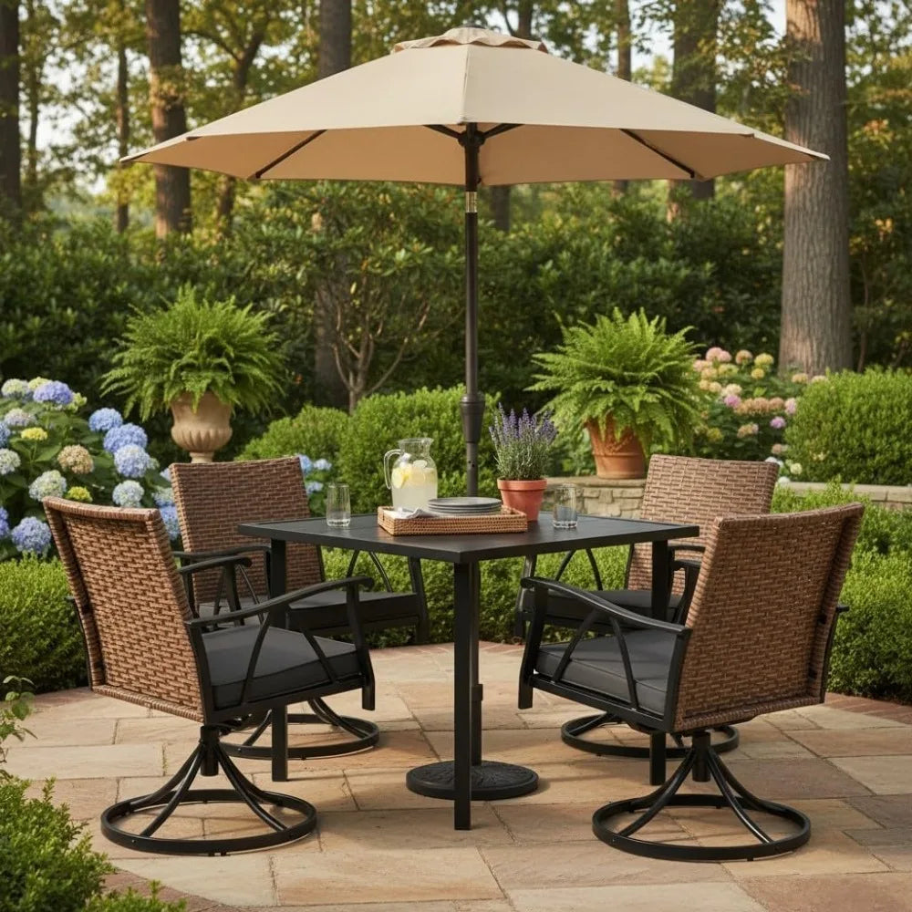 5-Piece Patio Dining Set for 4，Outdoor Dining Set with Wicker Swivel Patio Dining Chairs with Cushions & 1 Black, Customized