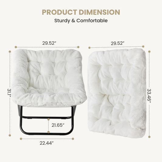 JHK 28IN Cozy Saucer Chairs Soft Faux Fur Large Size Folding Lounge Living Room Padded Seat Metal Frame Reading Chair Furniture